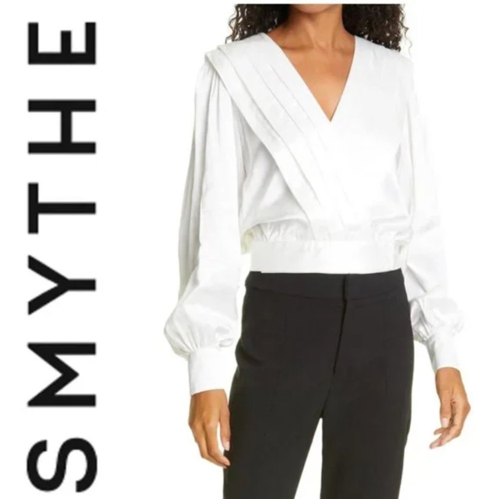 SMYTHE Pleated Wrap Front Long Sleeve Blouse, Size Medium - Ivory